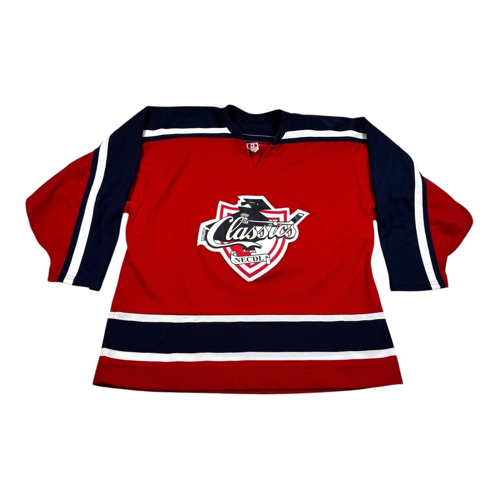 Classics NECDL Jersey Mens Large Red Hockey Shirt CCM Number 19 Adult Canada